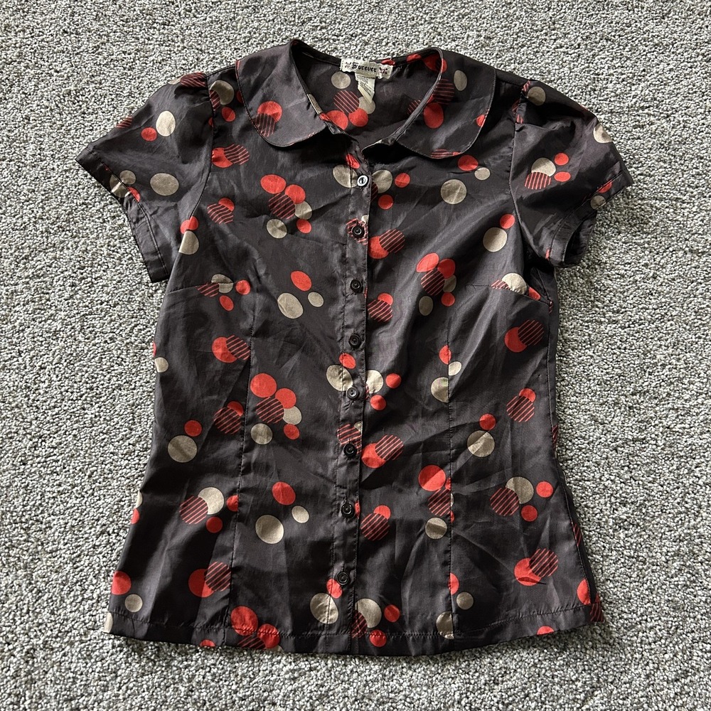 Y2K Forever 21 Blouse Womens S Brown Polka Dot Button Up Collared Short Sleeve